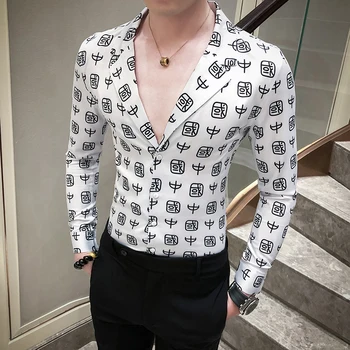 

Ropa Hombre Casual 2020 Spring Men Shirt British Style Long Sleeve Jacket V Lead Printing Shirt Casual Slim Fit Flower Shirt Men