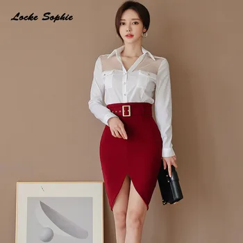 

2piece women's tracksuits twinset shirts and skirts 2020 Spring cotton Splicing Sexy hollow suits set ladies Skinny track suits