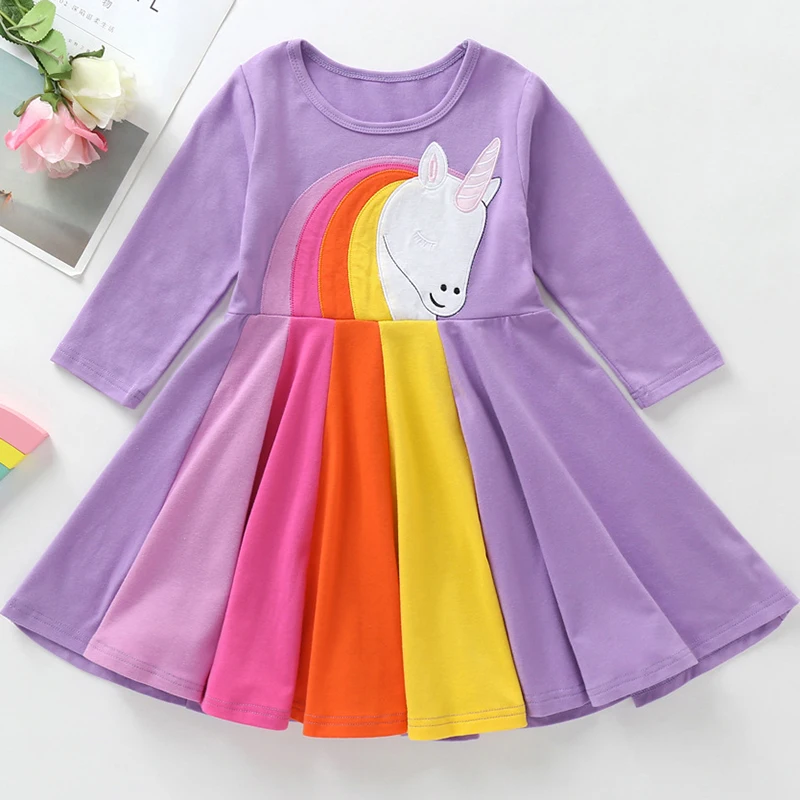 

Girls Dress Autumn Winter Long-sleeved Unicorn Embroidered Dress Girls Rainbow Print Christmas Party Princess Dress 2-6Y