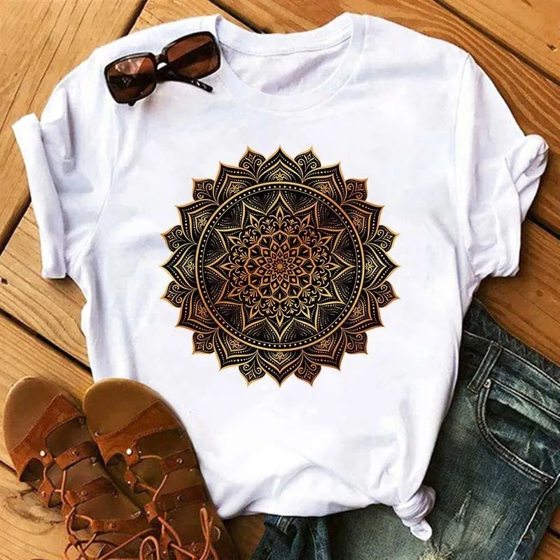 Maycaur New Mandala Floral Printed T Shirt Women Casual Fashion T-shirt Loose Short Sleeve 90s Girls Aesthetics Black Tshirt Top cheap graphic tees