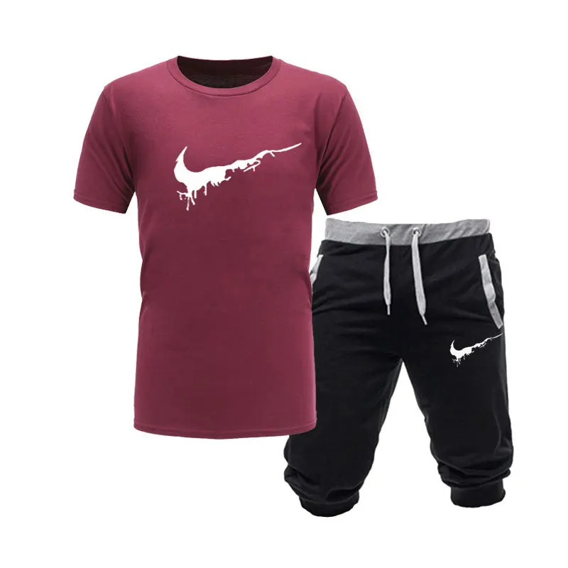 Мужская футболка с коротким рукавом, набор, модная персонализированная футболка с принтом+ шорты, хлопок, повседневный мужской спортивный костюм