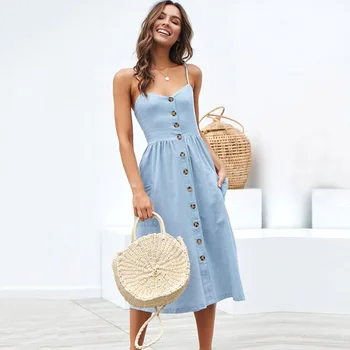 

Sexy Party Boho Sundress Women Casual Backless Midi Dresses Button Polka Dot Striped Floral Beach Dress 2019 Summer Dress Female