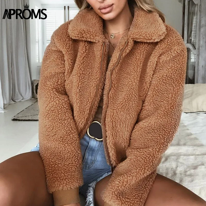

Aproms Elegant Khaki Loose Teddy Jacket Women Winter Solid Color Zipper Warm Coats Autumn Streetwear Outwear Jackets Female 2019