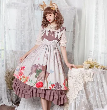 

kawaii girl Elegant sweet lolita dress vintage lace bowknot cute printing high waist kawaii dress loli cosplay gothic lolita jsk