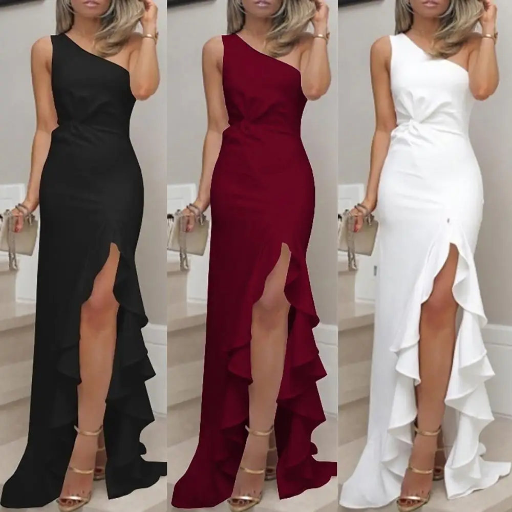 

2019 New Summer Women Dress One Shoulder Ruched Ruffle Formal Evening Party Dress Slim Maxi long Dresses vestidos robe femme A4