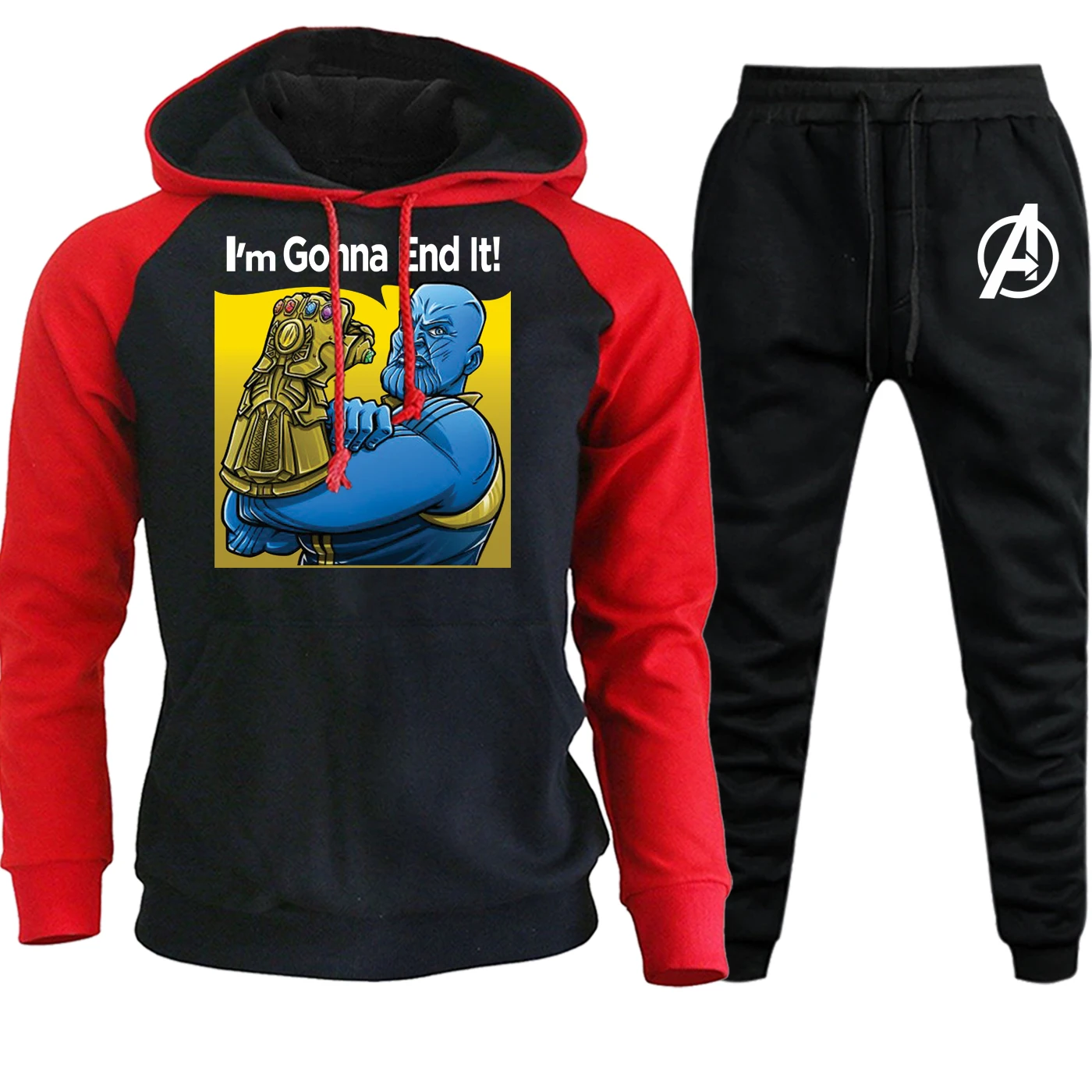 Thanos, забавные штаны, реглан, худи, толстовки Avngers, Осень-зима, костюм, мужской, Повседневный, флис, с капюшоном+ штаны, комплект из 2 предметов - Цвет: red black6