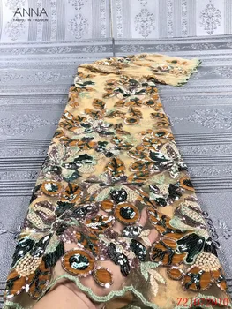 

Anna yellow french net lace mesh fabric 2020 high quality embroidered nigerian sequins laces african tulle fabrics 5 yards/piece