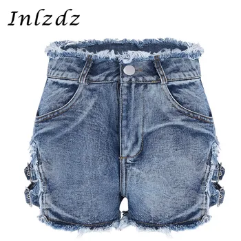 

Womens Pole Dance Shorts Fashionable Casual High Waist Shorts Frayed Raw Hem Side Hollow out Denim Jean Shorts Rave Clothes