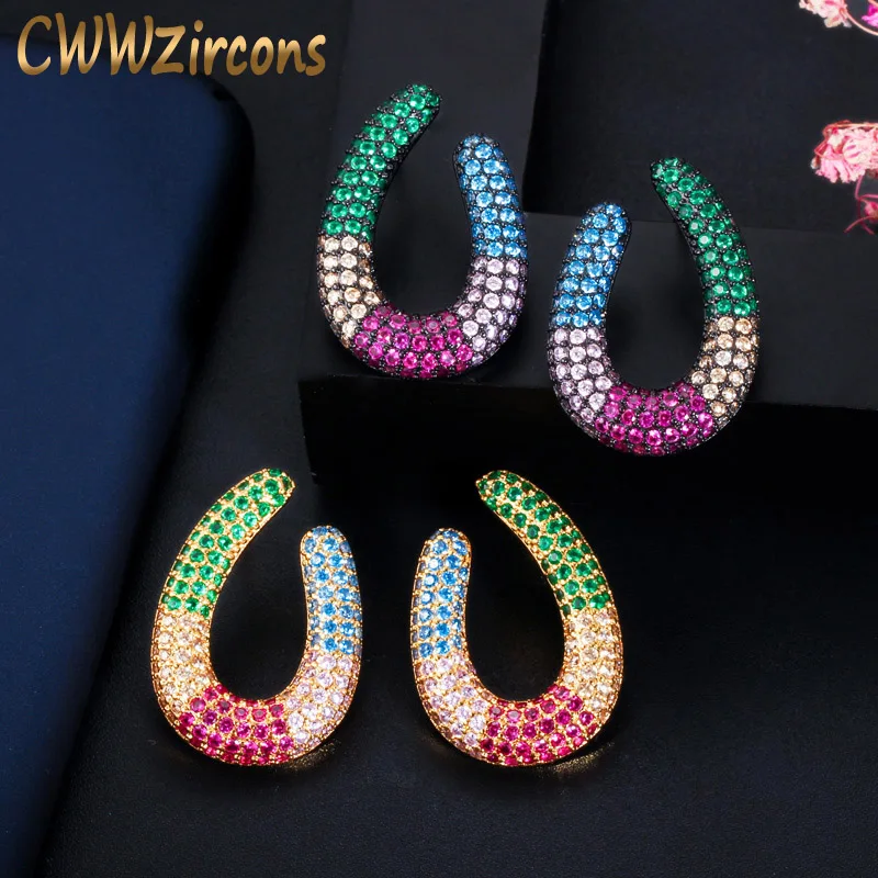 

CWWZircons New Designer Black Gold Color Round Big Rainbow CZ Stud Earrings for Women Cute Micro Pave Cubic Zircon Jewelry CZ593