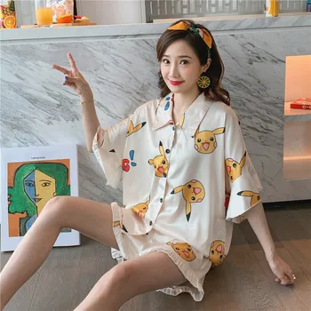 

Cartoon Print Pajamas Sets Women Satin 2PCS Sleepwear Summer Silky 2PCS Shirt&Shorts Casual Lougne Nightwear Home Clothes