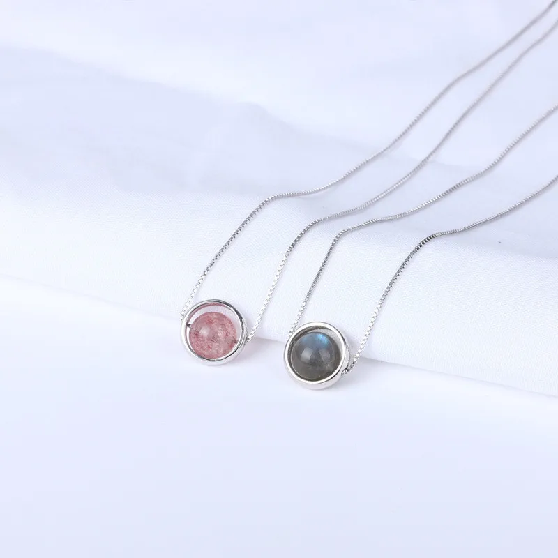 Necklaces Pendants For Women Solid S925 Silver 7mm-8mm Round Strawberry Quartz Moonstone Fine Jewelry Clavicular Chain Colar