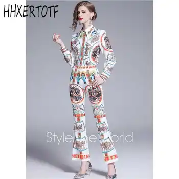 

spring autumn Fashion Vintage Suits Women's long Sleeve shirt + Elegant Floral Print Long Pants 2 Pieces Sets