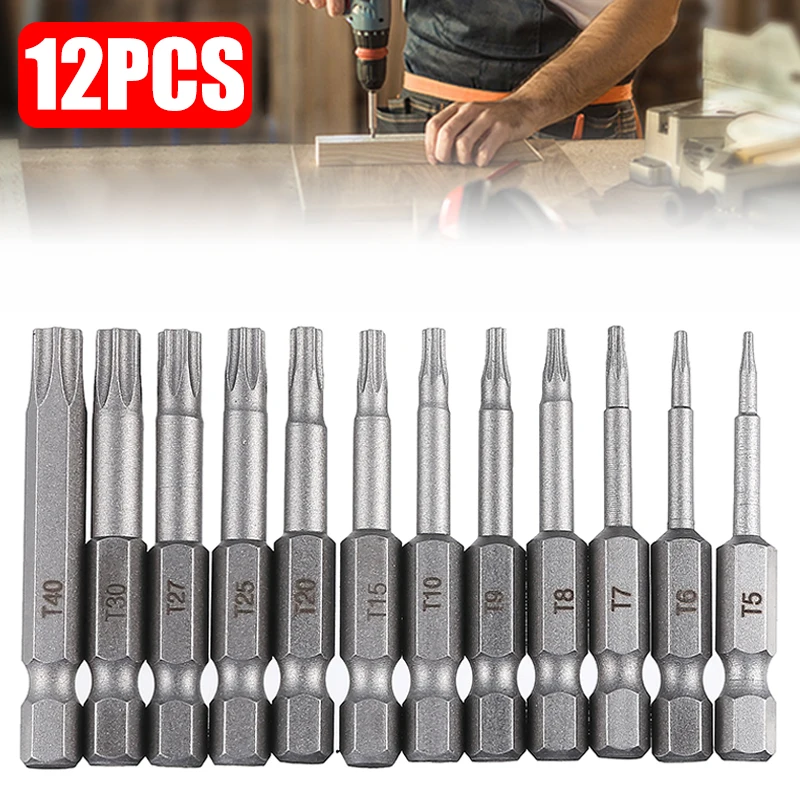 

12Pcs 50mm T5-T40 Magnetic Torx Screwdriver Bits Set 1/4" Electric Screwdriver Head T5/T6/T7/T8/T9/T10/T15/T20/T25/T27/T30/T40