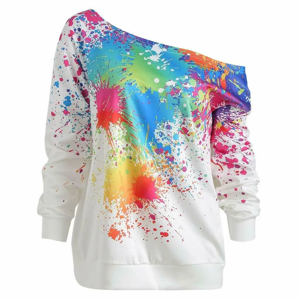 

Women Autumn Long Sleeve Shirt Fashion Blouse Spray paint printing Sloping Shoulder Ladies Autumn Loose Tops Size S-2XL
