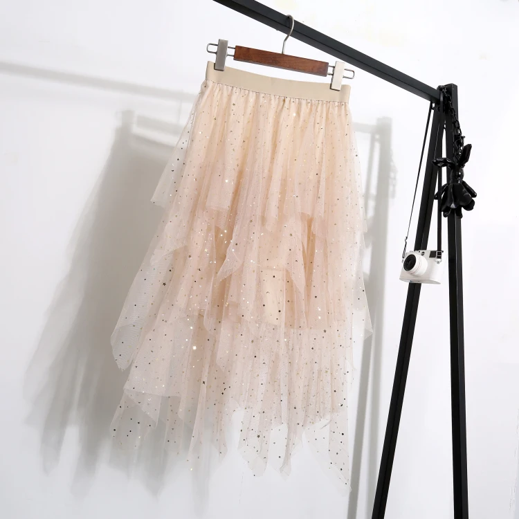 TingYiLi нестандартная Тюлевая юбка с пайетками, черные, белые, бежевые, серые, розовые юбки, Женская Корейская юбка с высокой талией из тюля