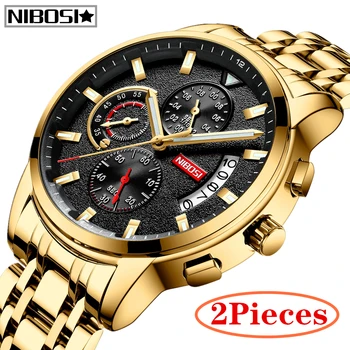 

2Pcs NIBOSI Watch Men Luxury Quartz Steel Mens Watches Top Brand Luxury Chronograph Clock Gold Dial Man Watch Luxury Wristwatch