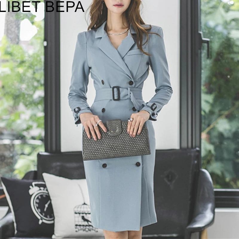 

2019 New Autumn Winter Women Dress Sashes Buttons Turn-down Collar Double-breasted Elegant High Waist Windbreaker Dresses DR828