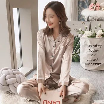 

Women Silk Satin Pajamas Pyjamas Set Long Sleeve Sleepwear Spring Pijama Suit Female 2 Piece Sets Loungewear Plus Size M-5XL