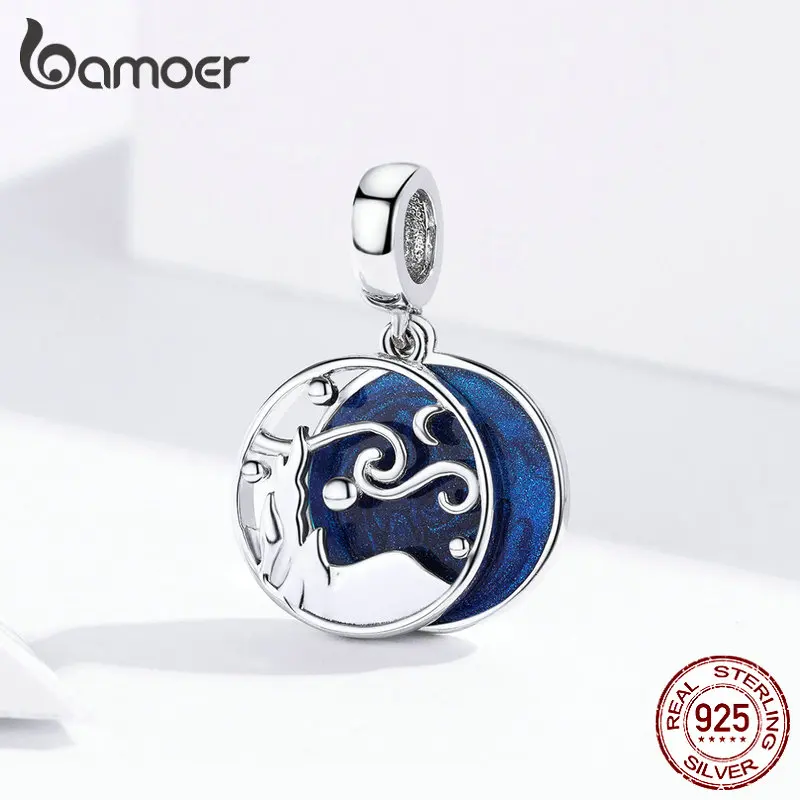 Bamoer 925 пробы серебро звездное небо ночь синяя чарующая подвеска покрытая эмалью подходит для женщин браслет и ожерелье ювелирные изделия SCC1389