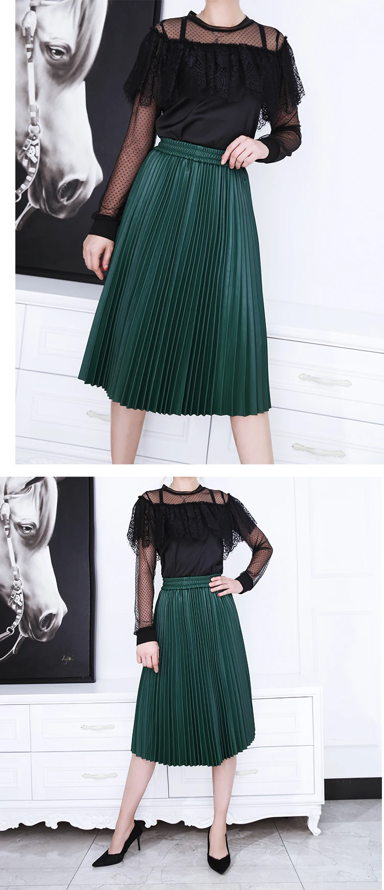 Saia de Cintura Alta para Mulheres Couro Genuíno Real Skeepskin Outono Inverno Longo Maxi Meados Comprimento Elegante Senhoras Escritório Chapeado Saias 8 Moda Feminina
