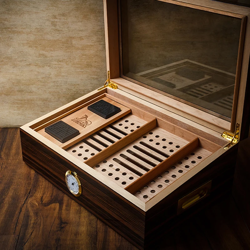 LUBINSKI Cedar Wood Glass Display Cigar Humidor Case Cigarette W/Lock Wood Box Pallet Hygrometer Humidifier Fit Cohiba Cigars