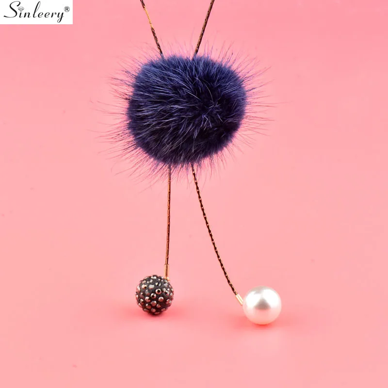 

SINLEERY Women Mink Hair Fur Ball Plush Pom Pom Long Necklaces With Adjust Crystal Ball Pearl Pendants Jewelry MY267 SSH