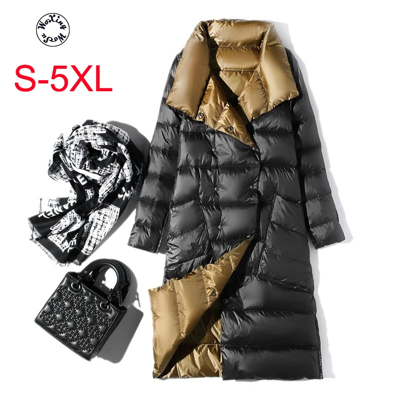 

Women's white duck down, double-sided wear on both sides, light and thin down jacket, women's middle and long knee down coat 5XL