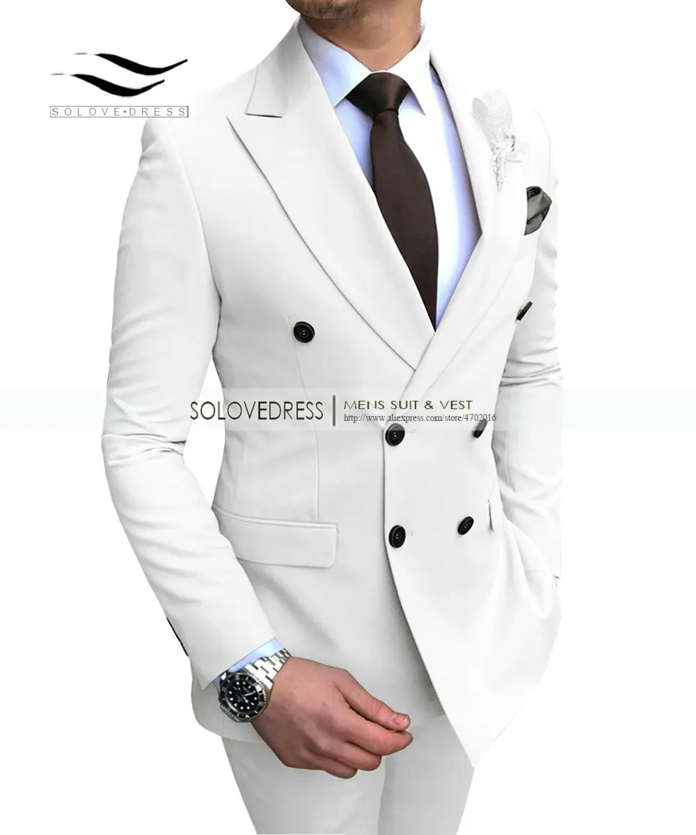 White Solovedress мужской однотонный Костюм Премиум Свадебные смокинги Slim Fit 2 шт. Выпускной Блейзер жилет под смокинг и брюки бордовый двубортный - Цвет: White