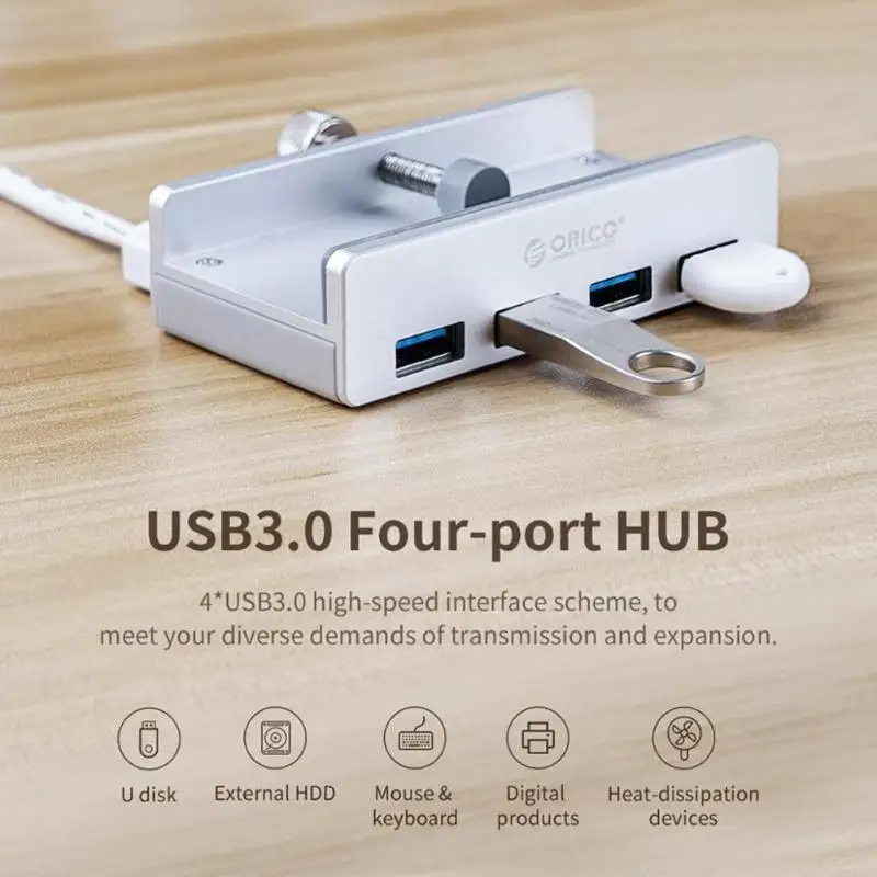 4-Port USB 3.0 Hubs with Android Power Port Adapter Aluminum Alloy Converter Chassis Back Clip Splitter Computer Peripherals