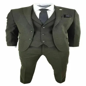 

Mens Wool 3 Piece Suit Tweed Dark Gray Tailored Fit Peaky Blinders Classic Suits