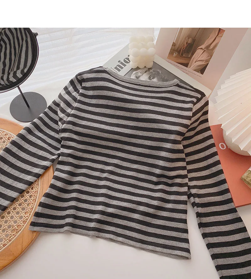 Autumn new style Korean striped hit color long-sleeved short section casual bottoming t-shirt graphic tees