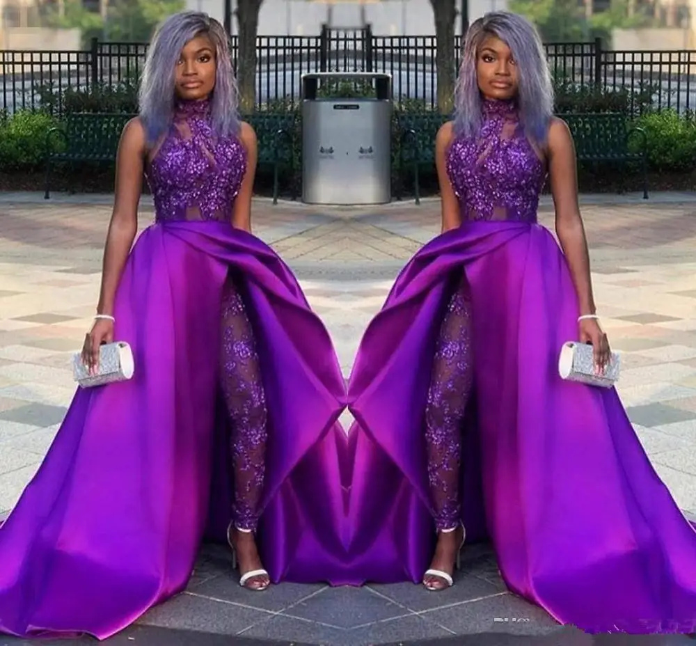 

2019 Purple Jumpsuits Prom Dresses With Detachable Train High Neck Lace Appliqued Bead Evening Gowns Luxury African Party Women