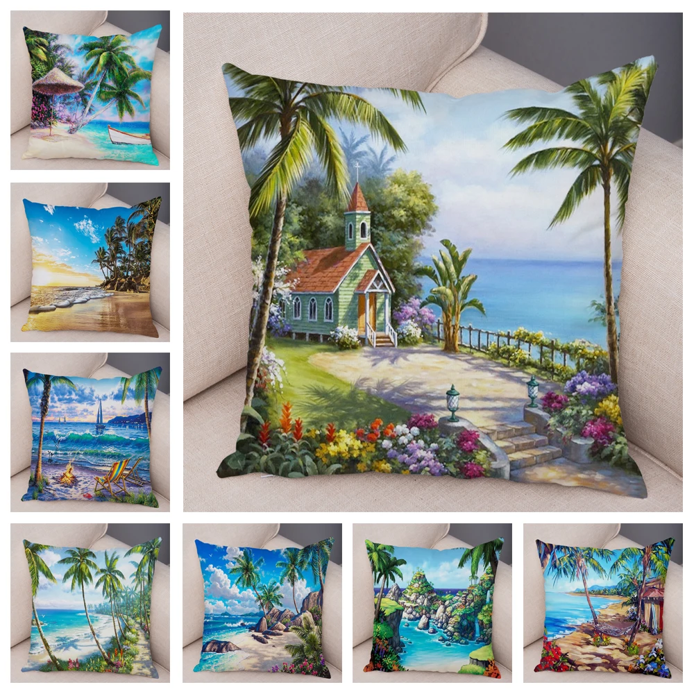 

Vintage Style Coconut Tree Pillowcase Polyester Pillow Case Decor Colorful Country House Cushion Cover for Sofa Home Car 45x45cm