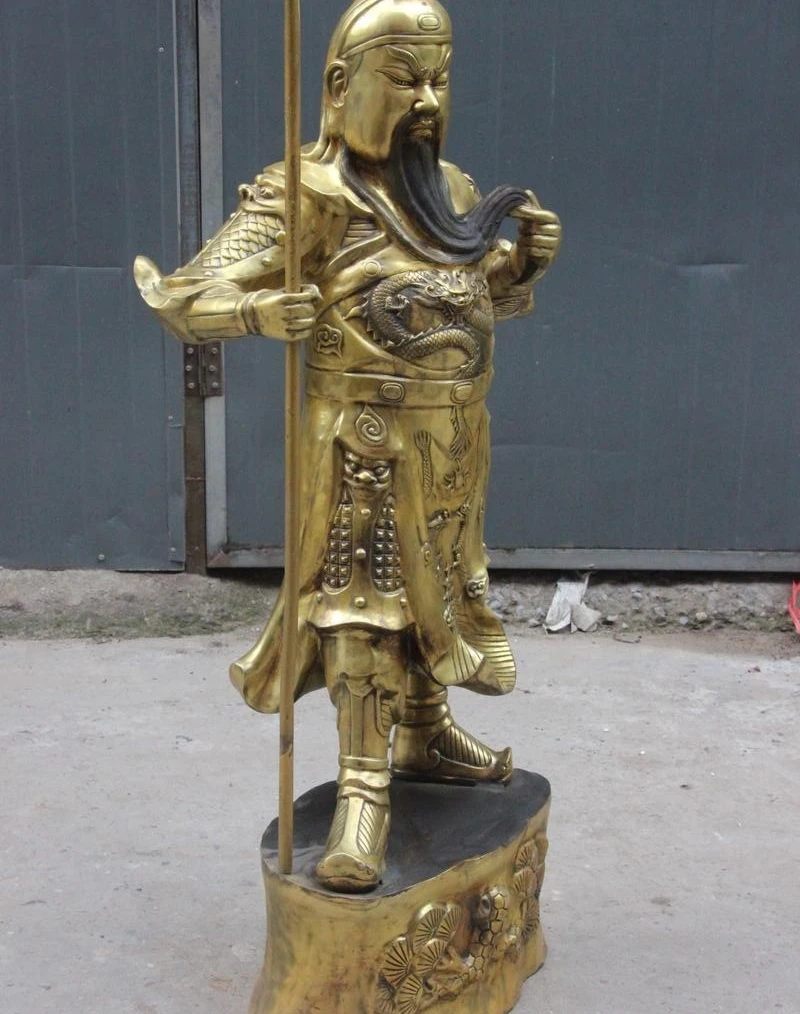 Chinese fengshui Copper Bronze stand Dragon Guan Gong GuanYu Warrior God statue