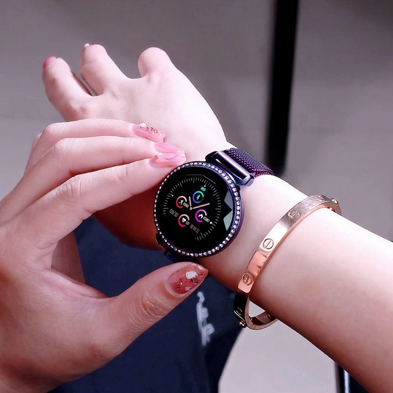 Смарт-браслет Для женщин Роскошные Стразы Smart Band спортивные часы с поддержкой Bluetooth 1,04 дюймовый круглый Экран стильный умный Браслет Mc11