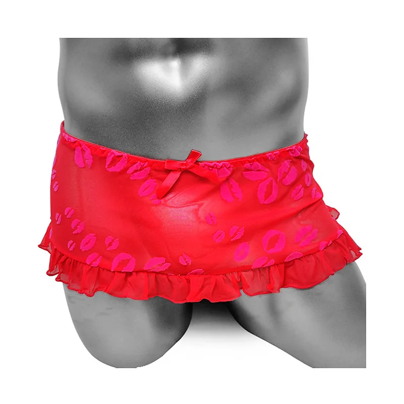Sissy Lingerie Club Wear Sexy Ruffles Skirt Underwear For Male Underpants See Thru Breanthable Mens Underpants Panties Lip Print