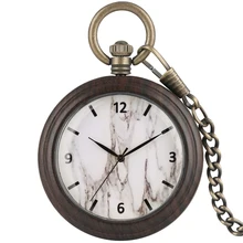 Классические деревянные карманные часы из черного дерева, с белым мраморным циферблатом, карманные часы, бронзовая подвеска, цепочка, подарки для мужчин и женщин