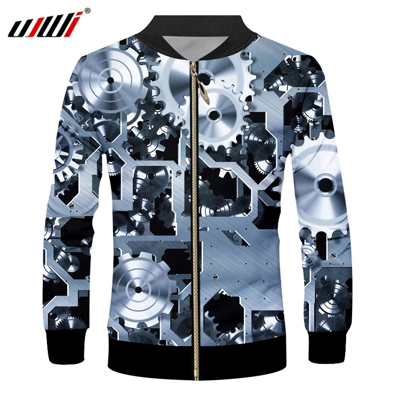 

UJWI 2019 Winter Men's Casual Zip Jacket Cool Print Mechanical Technology Gear 3d Jackets Coat Man Hiphop Streetwear Uniform