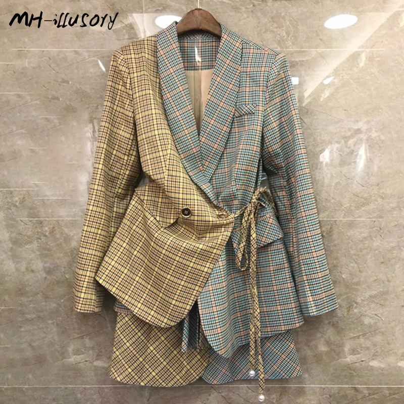 Hoogwaardige Plaid Hit Kleur Patchwork vrouwen Pak Revers Kraag Lace Up Blazer Hoge Taille Mini Rok Twee Delige Set vrouwelijke 2019