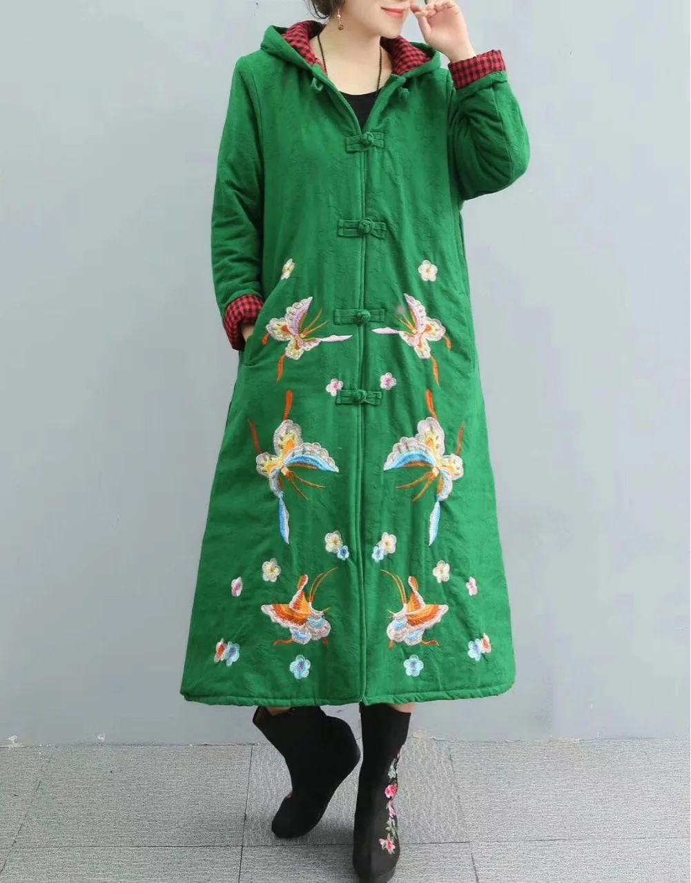 

Ethnic-Style Embroidered Frog Hooded Winter Mid-length Cotton Linen Thick Cotton Coat Cotton-padded Clothes Women's