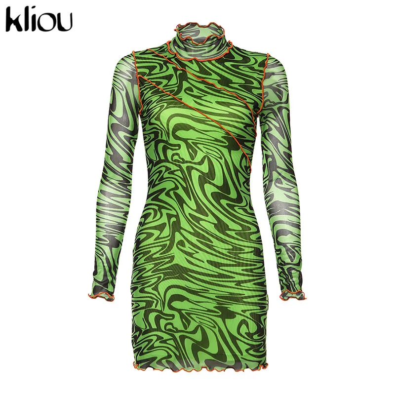 Kliou Fall Sexy Club Dresses women Fashion Print High Neck ruffles Long Sleeve Mini slim Bodycon Dress sexy mesh fabric - Цвет: Зеленый