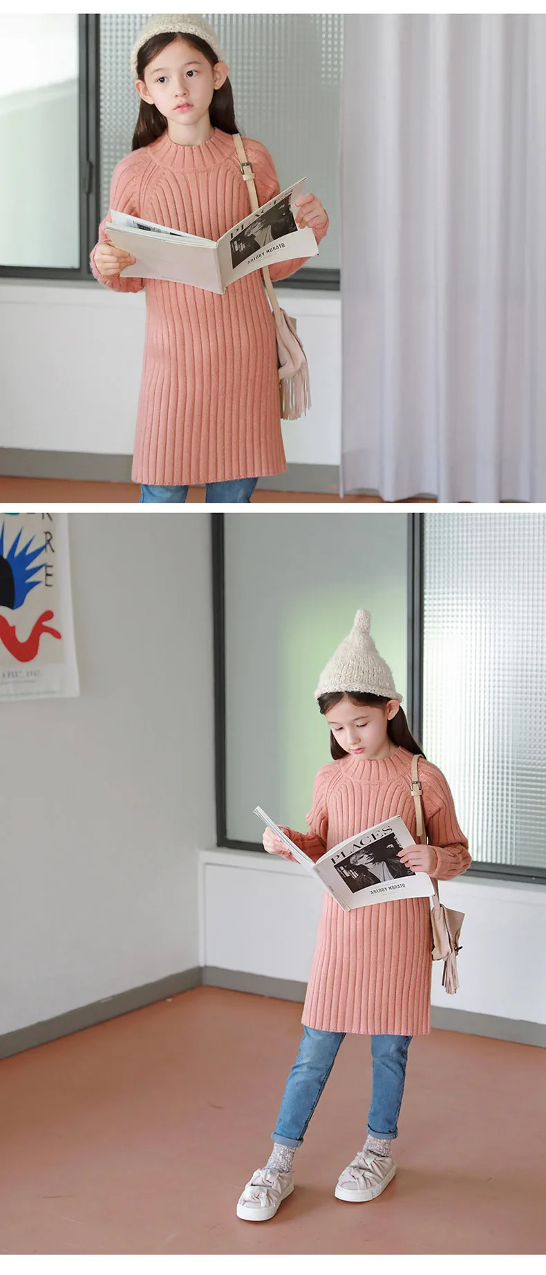 Коллекция года, осенне-зимний пуловер для маленьких девочек длинный свитер для девочек модная Базовая рубашка для родителей и детей платье-свитер с высокой эластичностью#8009