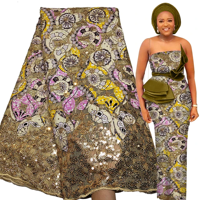 Bestway Net Lace Fabric 2021 High Quality Sequins Embroidery Nigerian Robe Sewing Material 5 Yards African Lace Fabric Printed gold-as pic