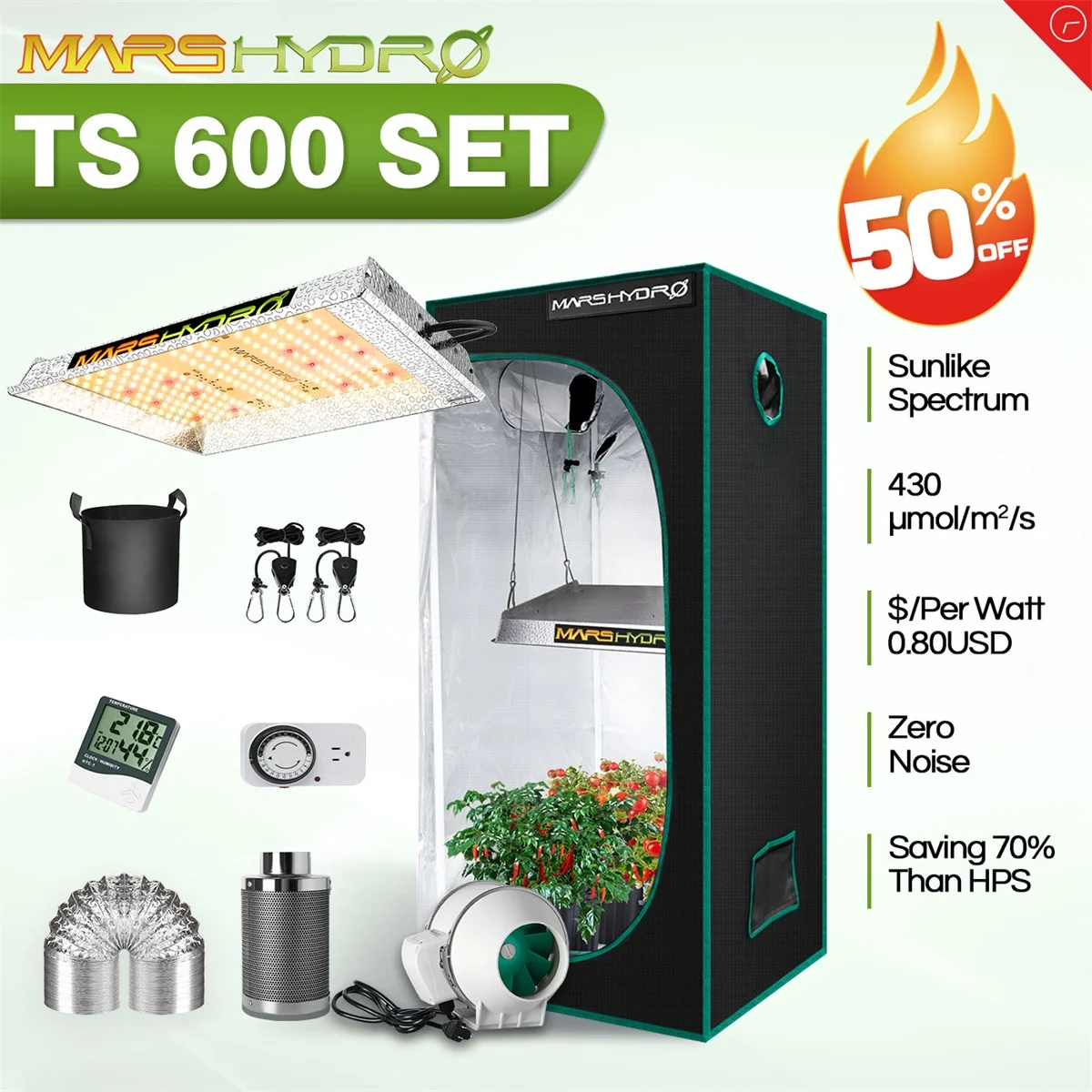 Mars Hydro TS 600W Full Spectrum LED Grow Light 60x60x140 cm Indoor Tent Grow Kits Quantum Board Lamp For Hydroponics System