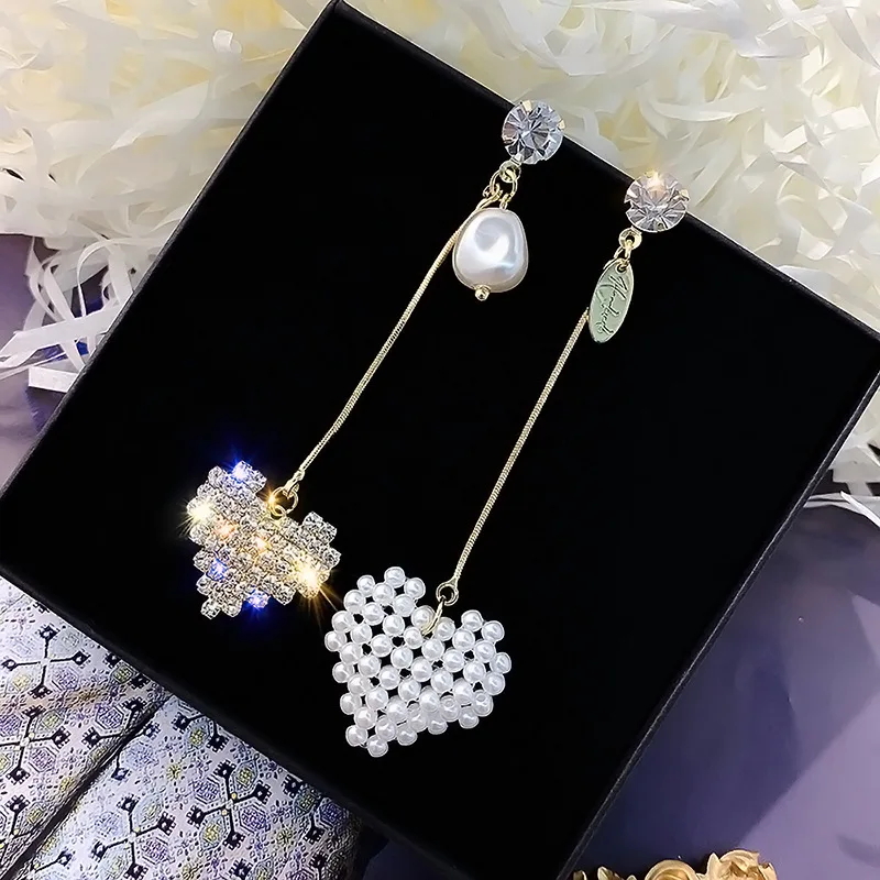 

DREJEW Asymmetrical Gold Silver Love Heart Pearl Statement Earrings 925 Crystal Drop Earrings Sets for Women Jewelry
