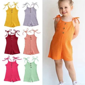 

2020 Baby Summer Clothing Infant Newborn Baby Girls Solid Ribbed Romper Sleeveless Strap Jumpsuits Playsuit Clothes New