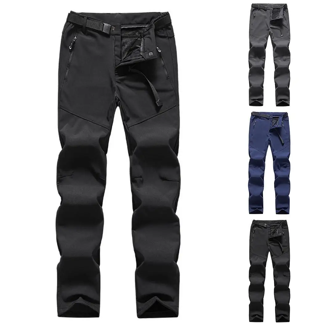 Mens Warm Windproof Outdoor Ski Mountaineering Thicken Pants Pocket Casual, Sport Solid Middle Waist Zipper