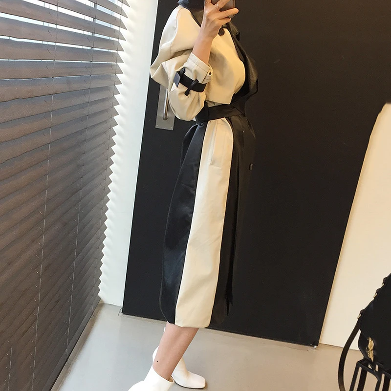 TVVOVVIN Ins зимний лоскутный сплит-сустав Бандажное приталенное длинное пальто из искусственной кожи корейский модный Свободный Тренч пальто Woemn B809