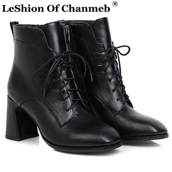 

Big Plus Size 48 Women Chunky Heels Ankle Boots Black Shoes Woman Brown Lace up Cross Tied Short Boots Female Booties Shoes 2021