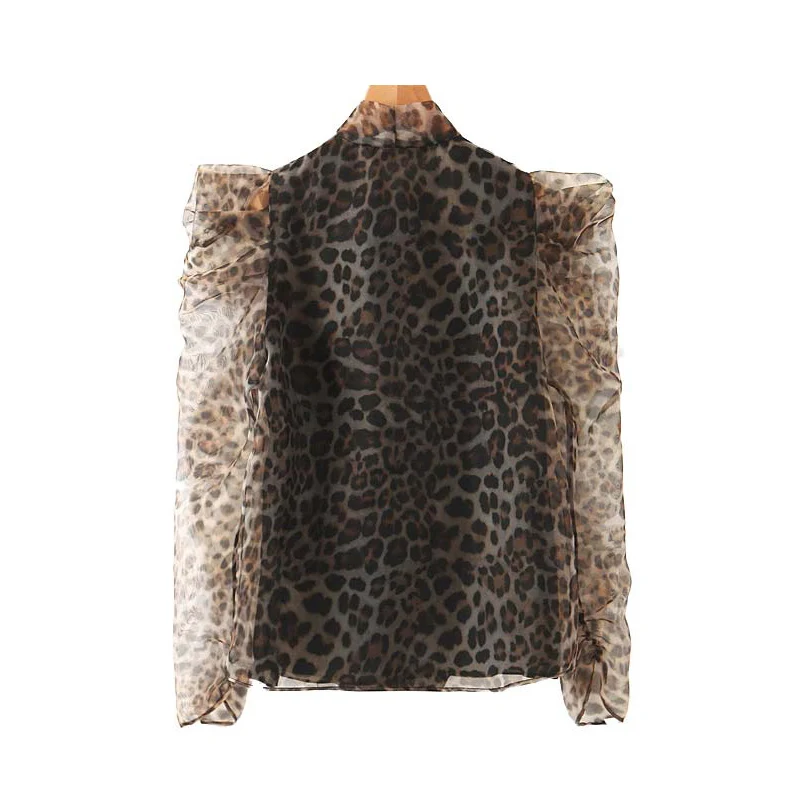 Винтажные сексуальные блузки из органзы с леопардовым принтом для женщин Модные женские рубашки с воротником-бабочкой и пышными рукавами шикарные топы
